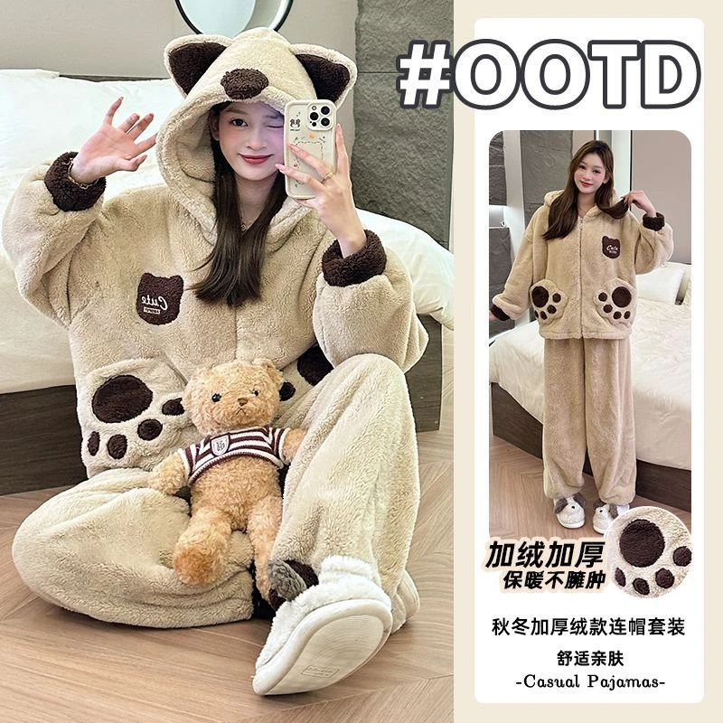 秋冬季睡衣女长毛绒连帽米老鼠套装珊瑚绒加绒加厚保暖家居服外穿