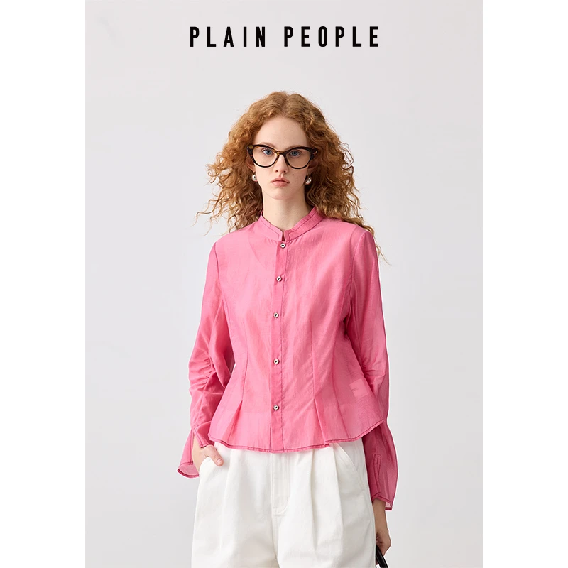 PLAIN PEOPLE学院风丝棉抽褶袖小立领衬衫上衣女2025春季新款