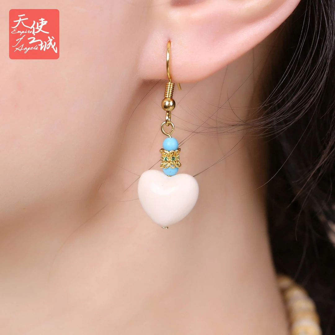 天然猛犸象牙爱心耳环满纹冰料ins风潮流耳钩心形耳坠送女友礼品