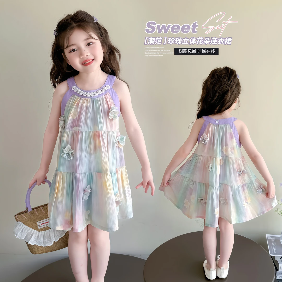 女童夏季薄款挂脖连衣裙2025新款洋气儿童夏款无袖公主裙女孩裙子