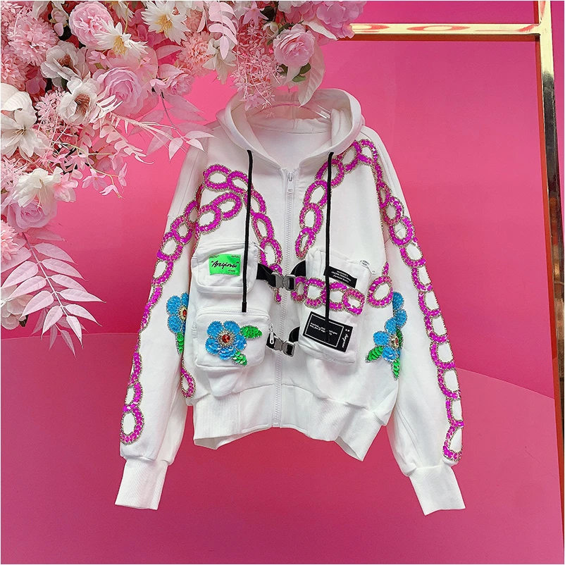 QD1519欧美设计师2025秋季新款重工钉珠刺绣链条连帽休闲短款外套