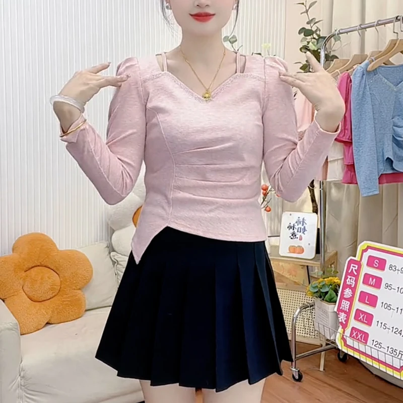 法式时尚长袖T恤女2025年秋季新款重工不规则褶皱洋气减龄上衣潮