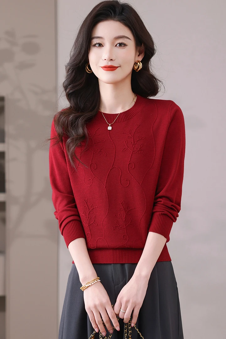 2025新款春秋圆领女装长袖洋气宽松显瘦纯色气质打底外穿针织