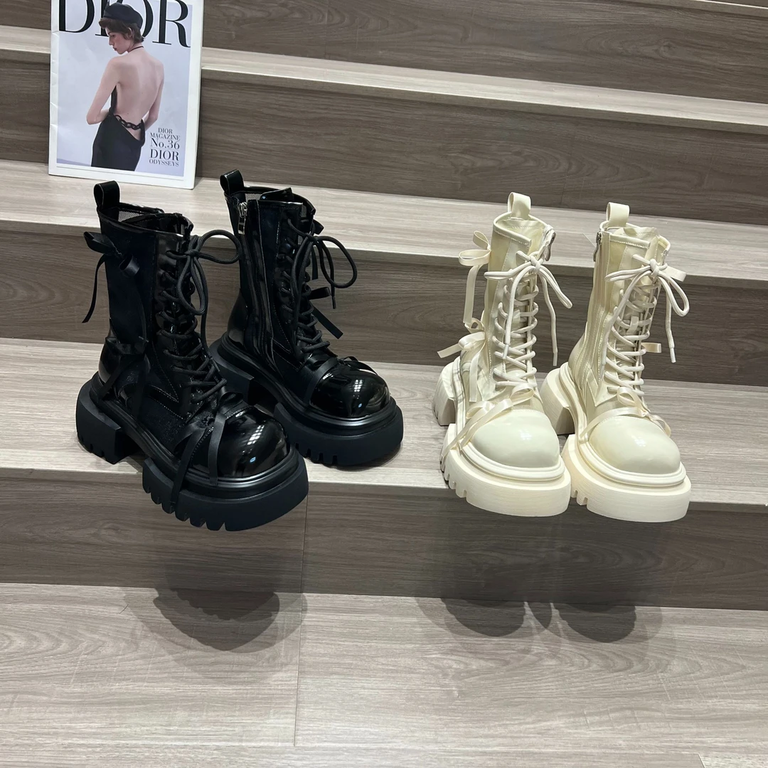 厚底镂空马丁靴女夏薄款2024新款休闲透气网靴机车靴蕾丝高帮凉靴