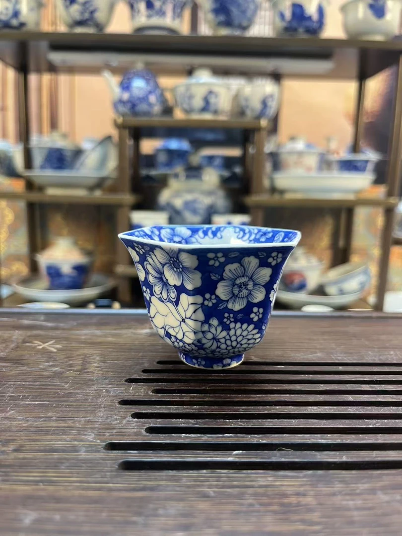景德镇陶瓷高端精工手工手绘万花蝶舞花香六方杯主人杯