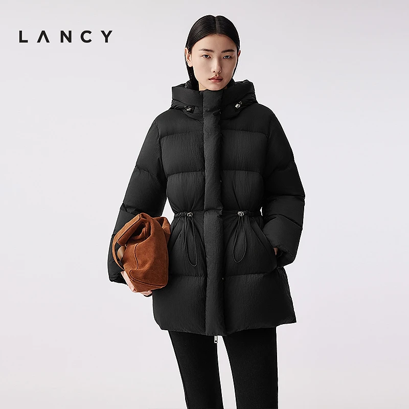 【匈牙利白鹅绒】LANCY/朗姿2025冬新款百搭抽绳收腰连帽羽绒服女