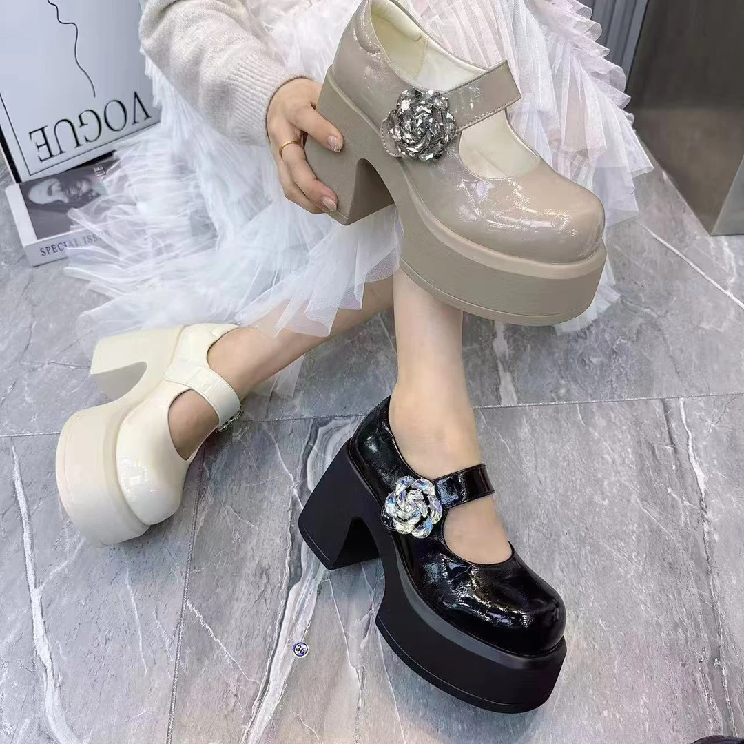 单鞋乐福鞋女鞋法式高跟拼色玛丽珍鞋英伦风春季中口学院胶粘