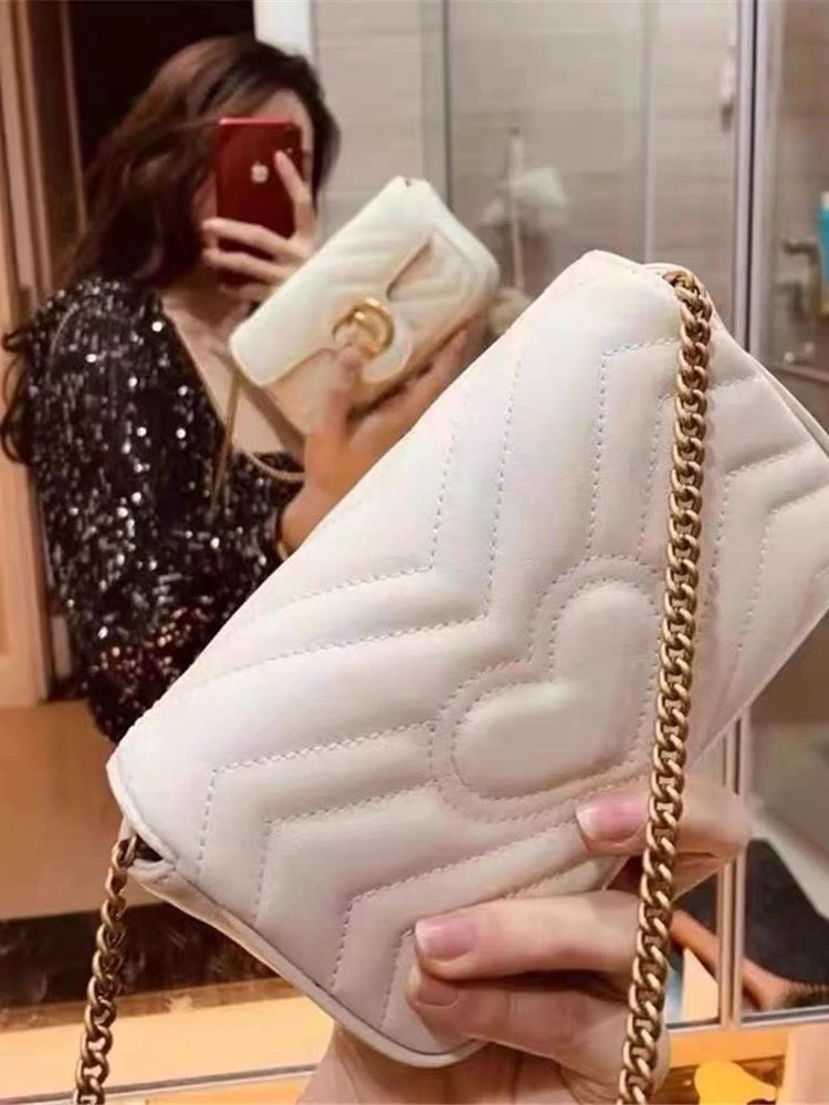 真皮马蒙爱心mini包2025新款时尚百搭小香风菱格链条包白色斜挎包