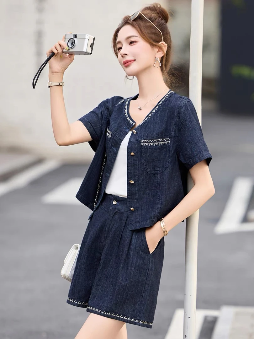 牛仔短裤套装女时尚洋气时髦爆款高级感两件套785