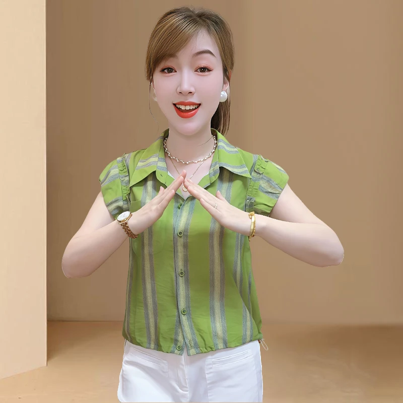 时尚短袖条纹衬衫女2025年夏季新款小个子气质减龄小衫百搭衬衣潮