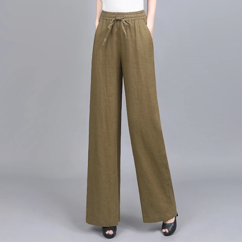 高端亚麻女裤阔腿裤女夏季薄款高腰直筒长裤纯色2025新款休闲裤女