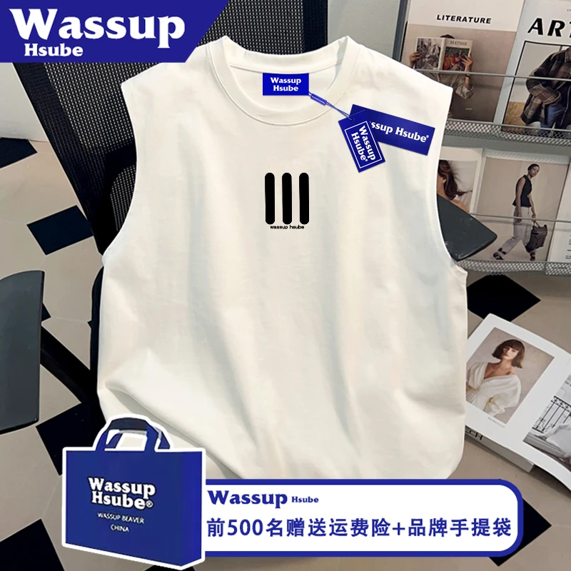WASSUP HSUBE简约风创意印花白色重磅上衣夏男女纯棉T恤无袖背心