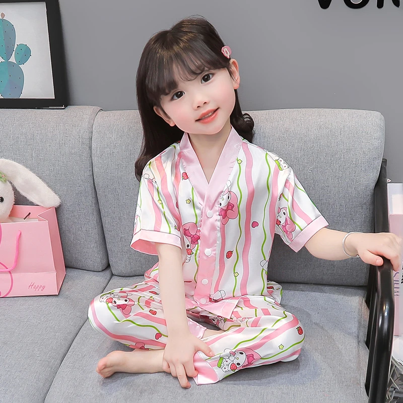 儿童睡衣女童短袖冰丝薄款空调服夏季中小童公主小女孩家居服套装