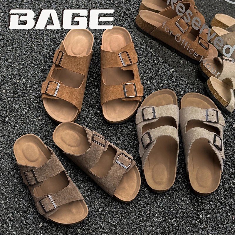 勃肯鞋男士2025新款户外真牛皮软木底外出室内防滑痞帅休闲凉拖鞋