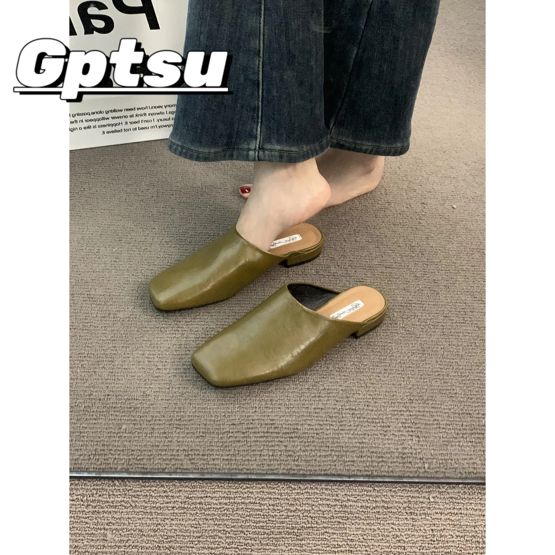 GPTSu法式复古橄榄绿低跟包头半拖鞋女春秋外穿一脚蹬懒人穆勒鞋
