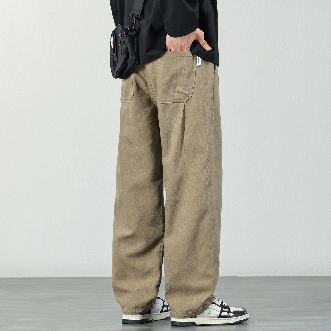 日系复古纯棉直筒裤男士2025秋冬新款宽松百搭抽绳松紧腰休闲裤子