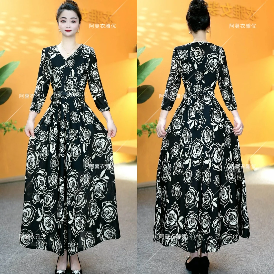 【衣雅严选】8068-1716#新款显瘦系带冰雪丝弹力缎面长款连衣裙