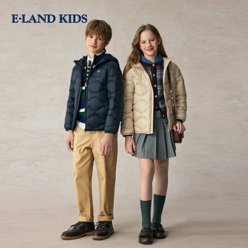 E·LAND KIDS衣恋童装男童2025年冬连帽徽章外套羽绒服EKJDF4T12E