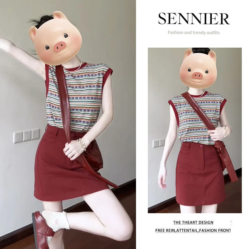 夏季温柔系穿搭女2025新款韩版潮流印花短袖显瘦简约半身裙两件套