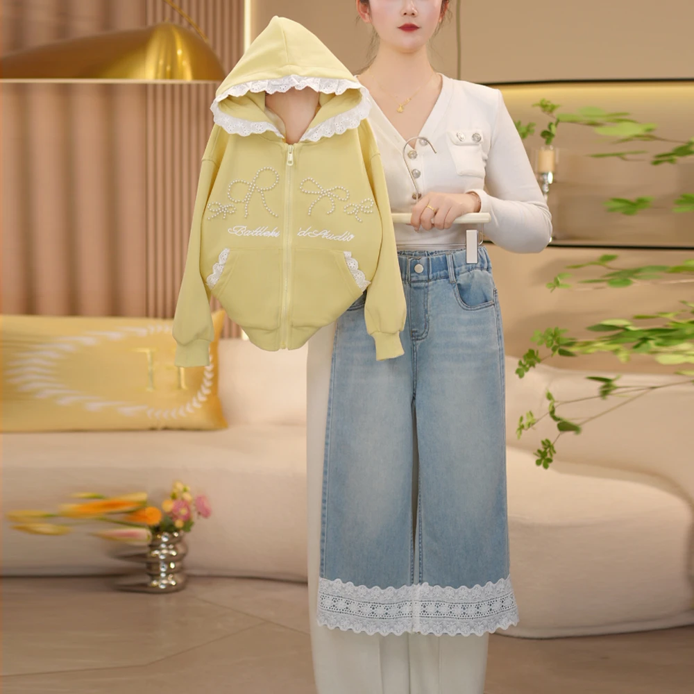 【闺蜜家】女童2025春季新款时尚蝴蝶结连帽外套+牛仔裤套装-8066