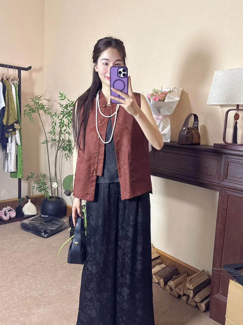 【SenMu】 红牡丹 红云纱新中式对襟盘扣小立领提花双面马甲015