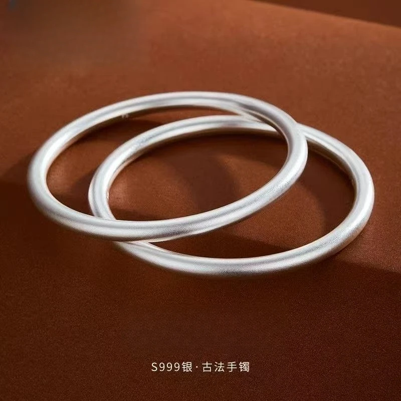 足银手镯 足银999素圈古法手镯女纯银闭口实心简约年轻款银镯子