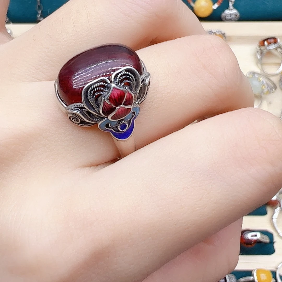 血珀戒指银S925镶嵌天然