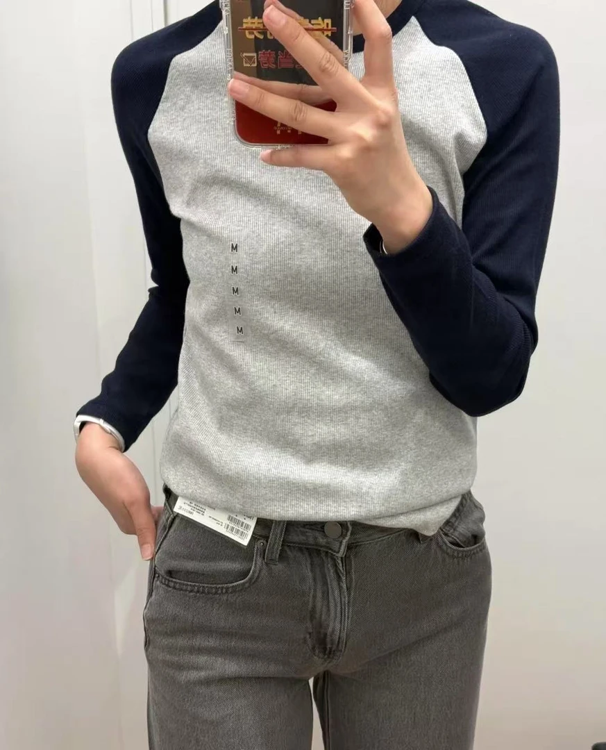 春季新款女装拼色修身圆领柔软罗纹长袖T恤插肩袖百搭休闲打底