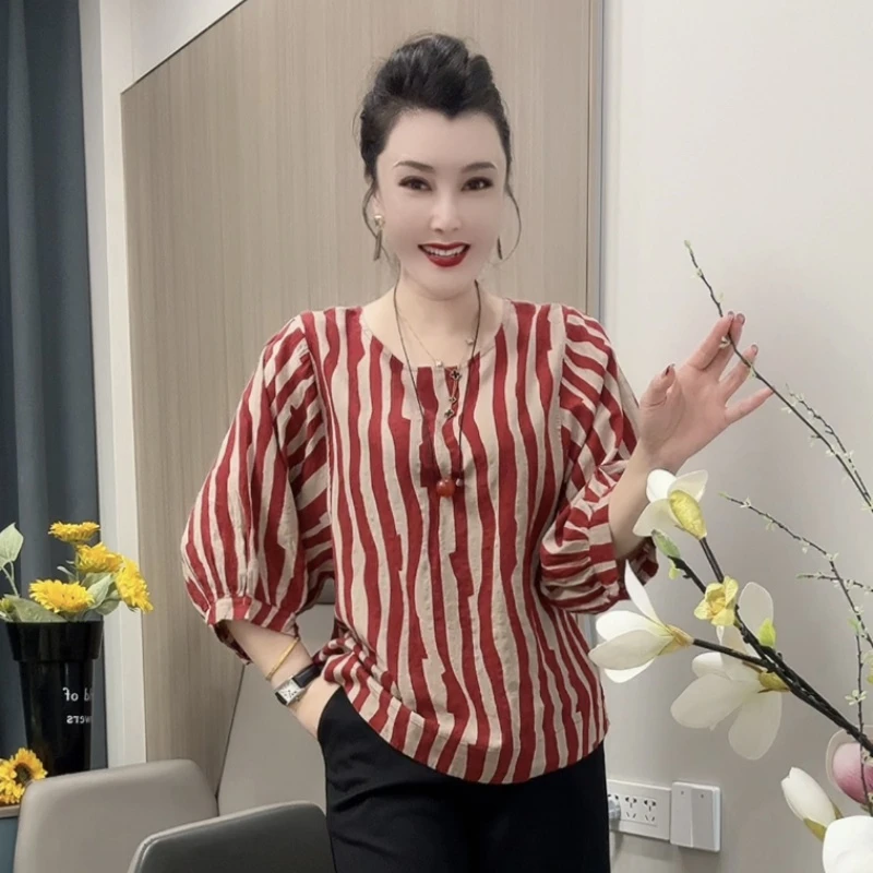 2212条纹衫百搭条纹中老年女装常规短裤薄款宽松时尚洋气休闲减龄