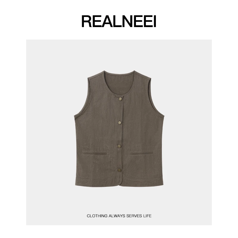 REALNEEI【意式摩卡】老钱风莱赛尔摩卡色极简排扣无袖马甲21495