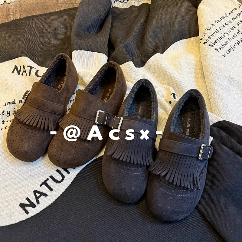 【阿茶】雕花流苏~跟高3CM /2025秋冬新款加绒保暖雕花博肯鞋女