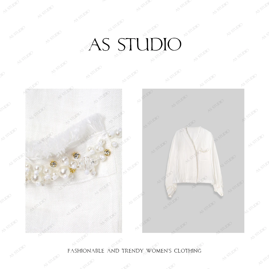 【AS锦归】25新法式高级感亚麻宽松钉珠流苏V领衬衫AS25CSY4361