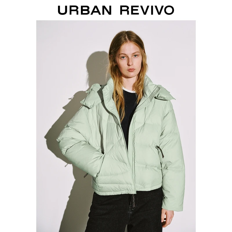 UR2025冬季新款女装休闲连帽撞色绳结拉链羽绒服UYL150098