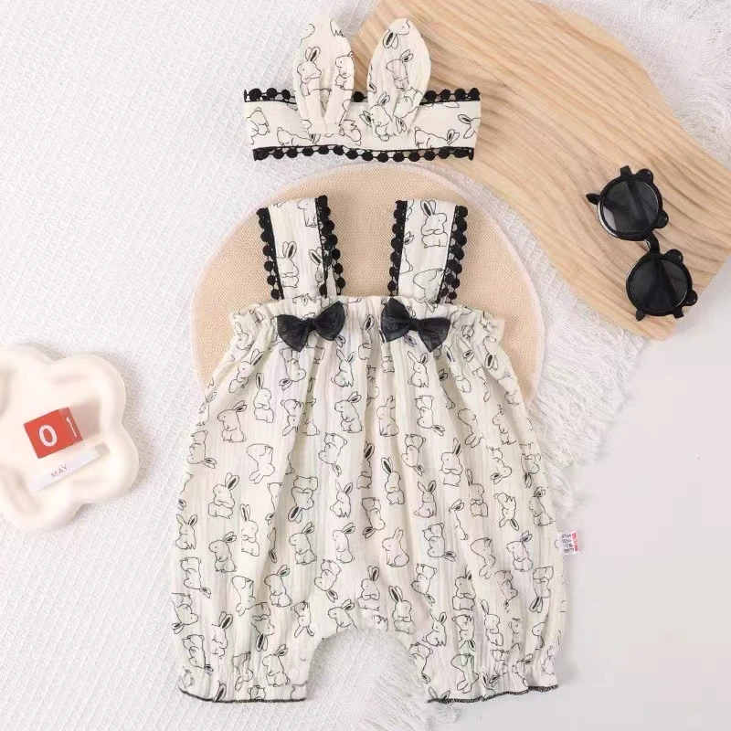 婴儿夏季吊带连体衣棉纱布薄款女宝宝超萌哈衣可爱洋气兔子外出服