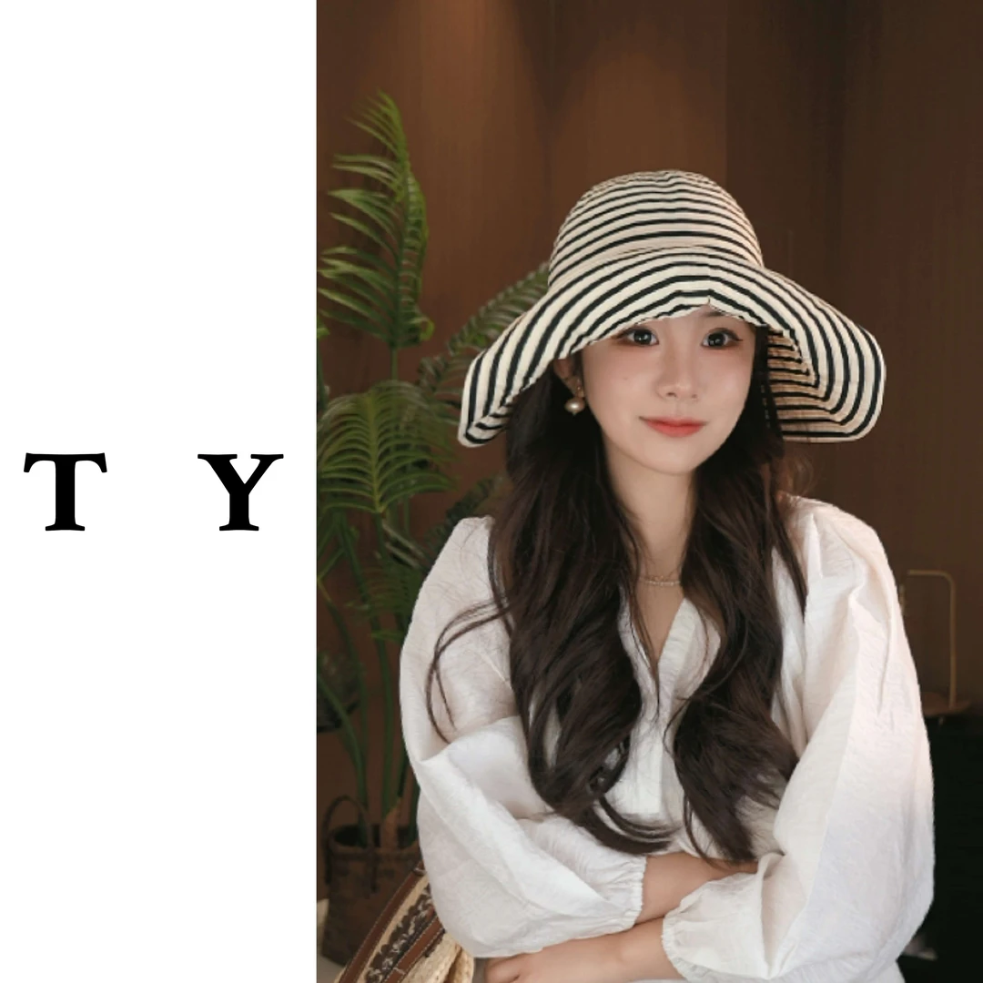 春款上新玫瑰故事款胶片日记优雅气质织带黑米白条纹大帽檐遮阳帽