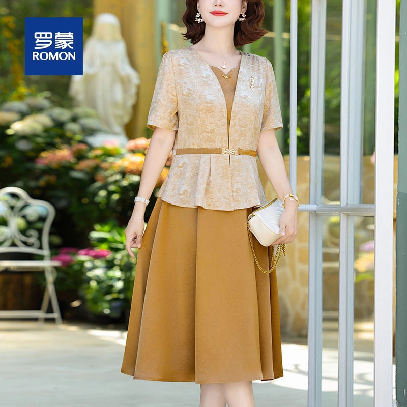 罗蒙气质妈妈轻奢高级感连衣裙夏季新款中老年女装时尚减龄中长裙