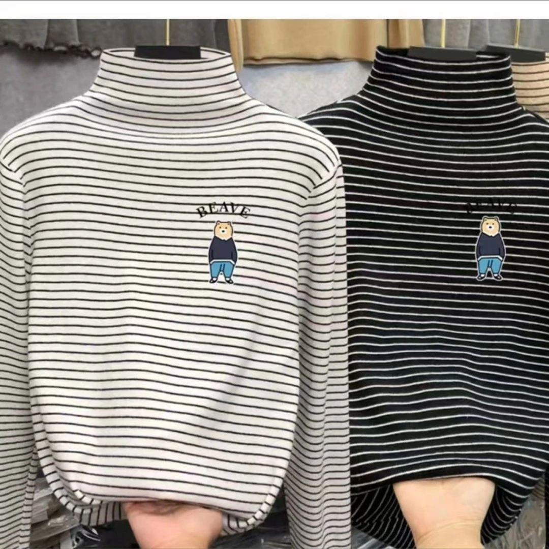 儿童德绒打底衫半高领长袖T恤潮款简约条纹上衣德绒保暖衫男女童