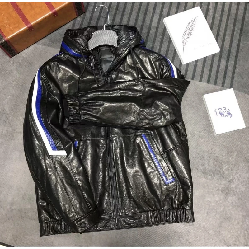 2374-男士牛皮羽绒连帽皮衣休闲外套