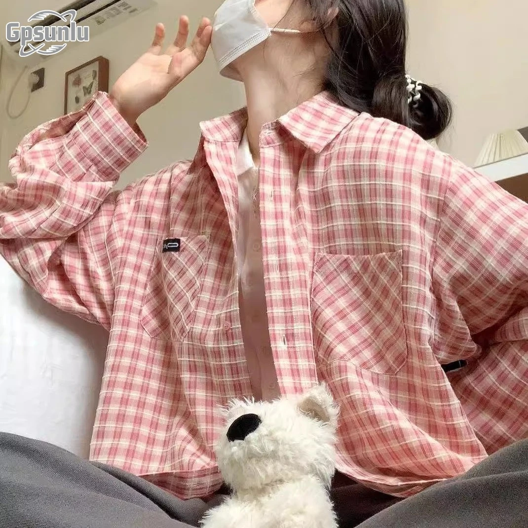 gpsunlu轻奢感格子衬衫女慵懒风休闲中长版遮肉衬衫防晒衫外套潮