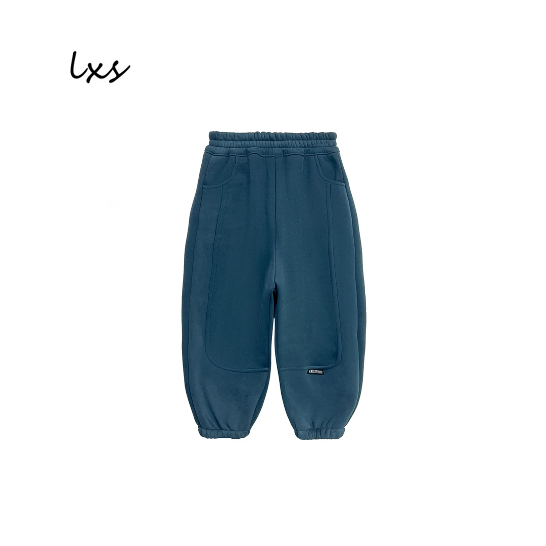 鹿小生童装冬季儿童加绒休闲韩版宽松时尚百搭休闲卫裤FK9005湖绿