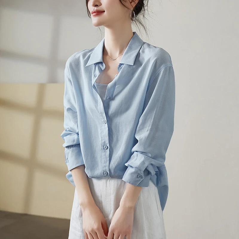 索菲丝尔2025秋装新款时尚宽松纯色长袖翻领衬衫上衣女533058