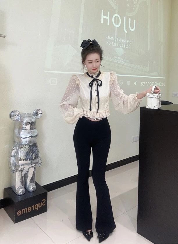 [春歌]黑色蝴蝶结波点小上衣2025甜美气质纱衣雪纺拼蕾丝高级感女