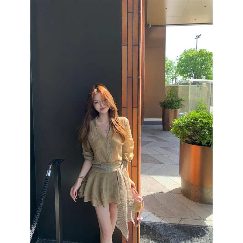 复古高级感V领宽松显瘦长袖衬衫高腰A字小短裙气质时尚套装女夏季