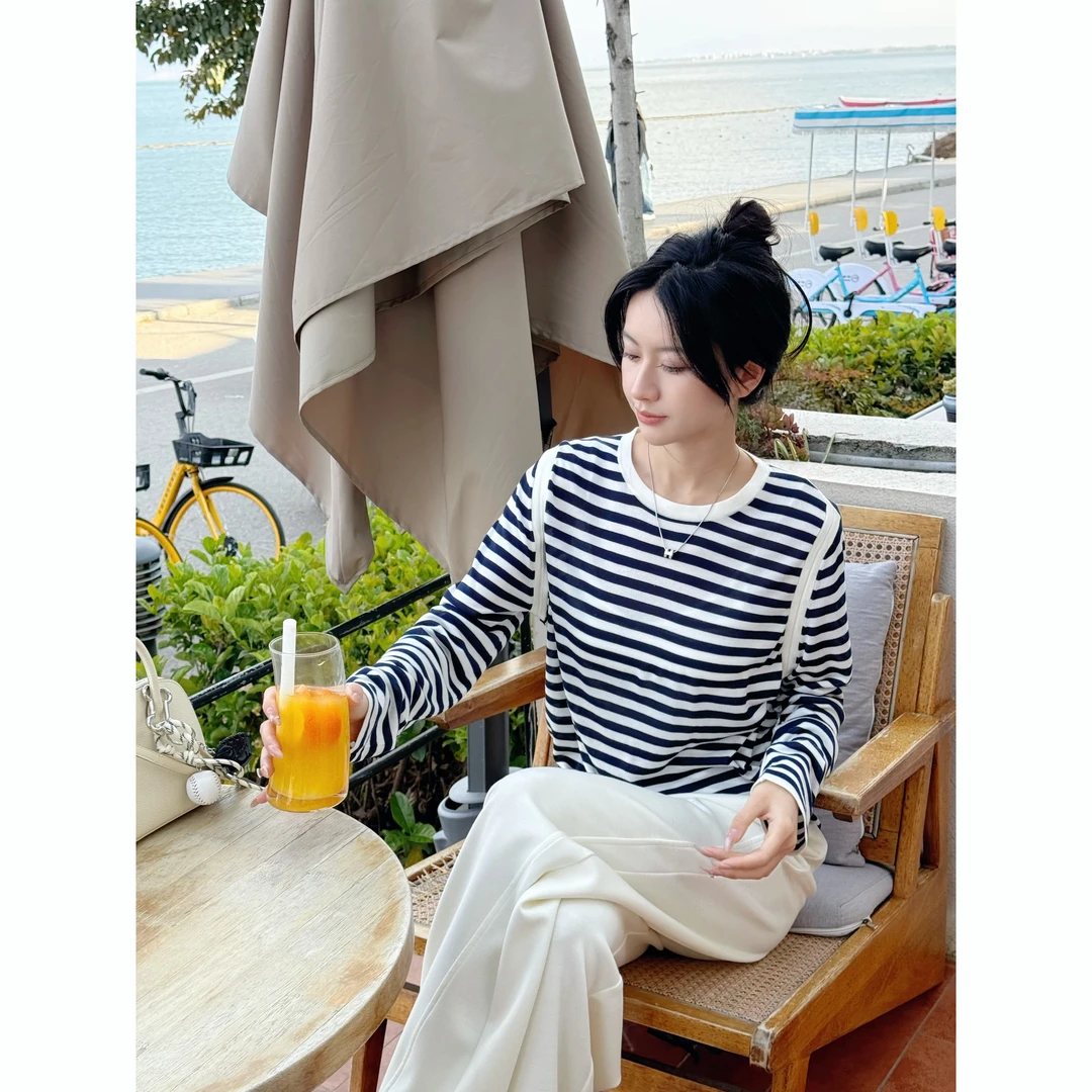 【重磅新款】2025新款100莱赛尔天丝显瘦圆领条纹长袖针织衫LX2315A