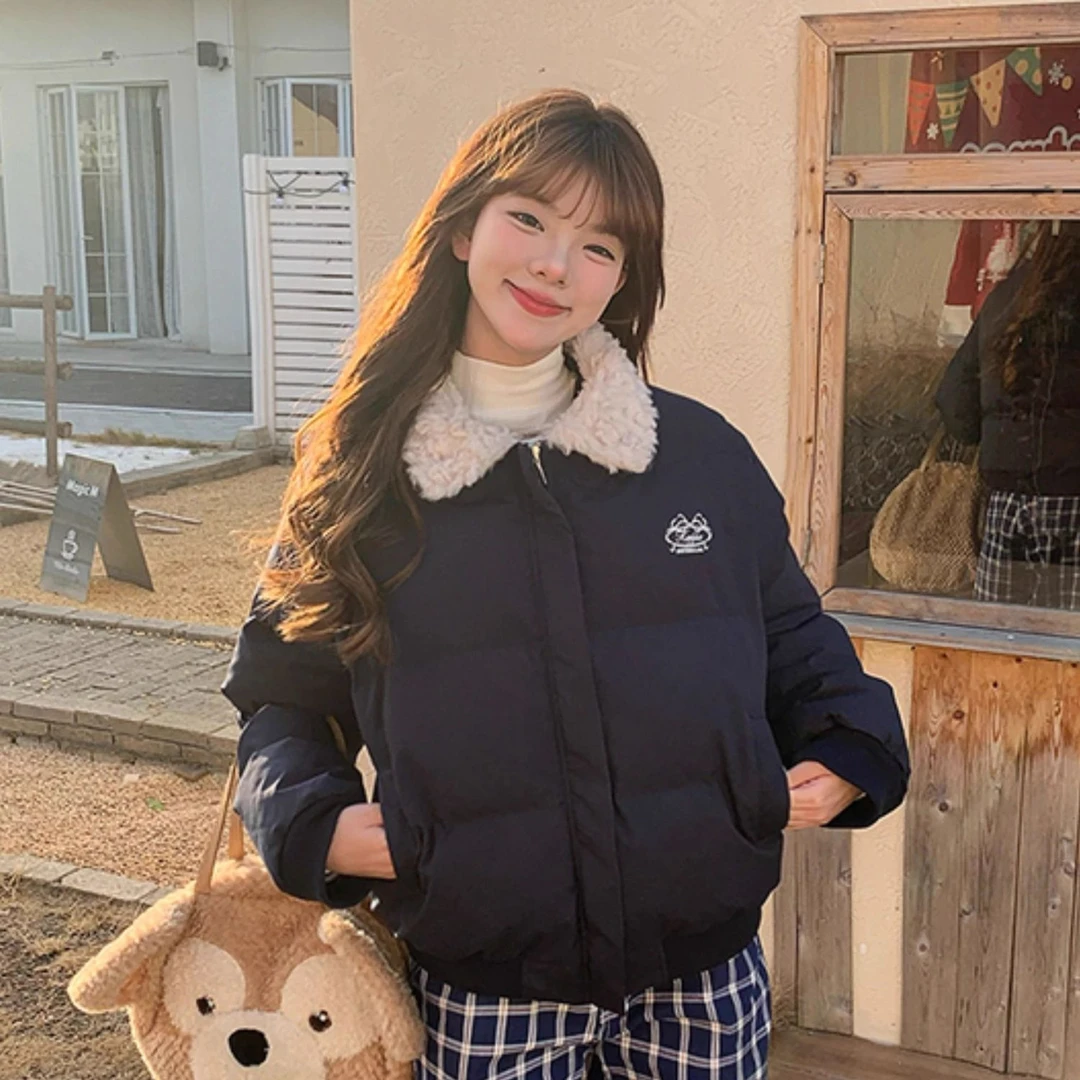 国潮复古短款毛领棉服外套女冬季翻领加厚保暖棉衣设计感小众棉袄