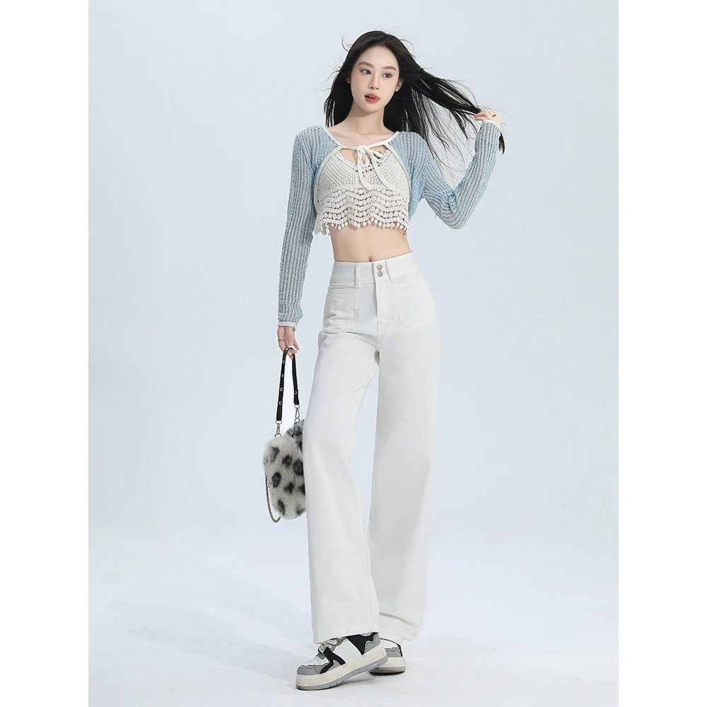 【现货+运费险】610白色双扣窄版阔腿裤女高腰显瘦垂感牛仔裤