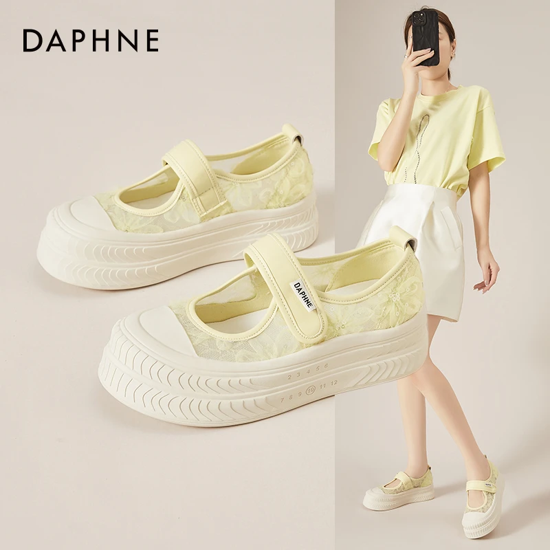 Daphne/达芙妮蕾丝薄款网鞋女夏厚底魔术贴玛丽珍鞋浅口休闲鞋