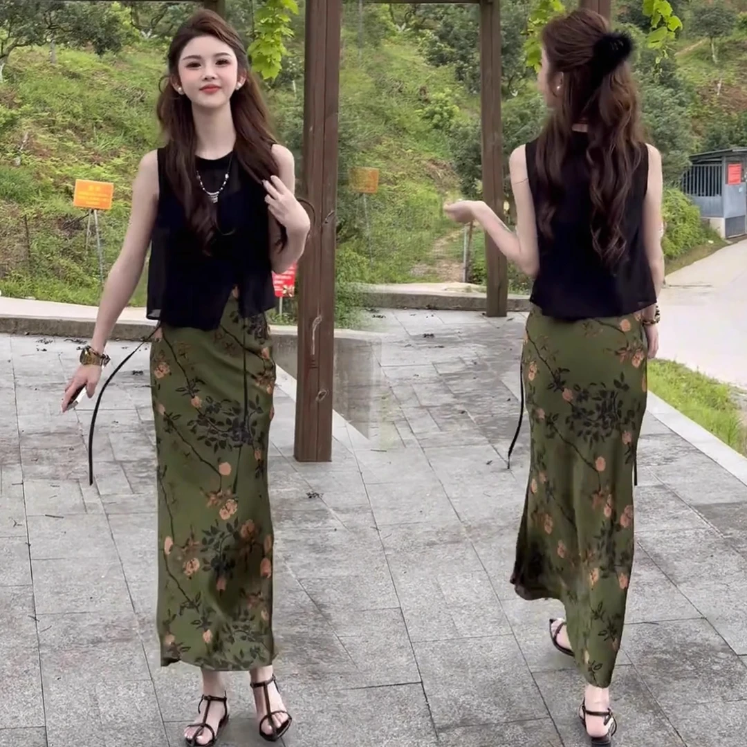 时尚套装裙女2025夏季新款洋气显瘦无袖马甲国风印花半身裙两件套