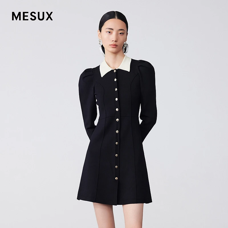 【许半夏专享】MESUX米岫春修身高腰撞色翻领复古泡泡袖长袖连衣裙M