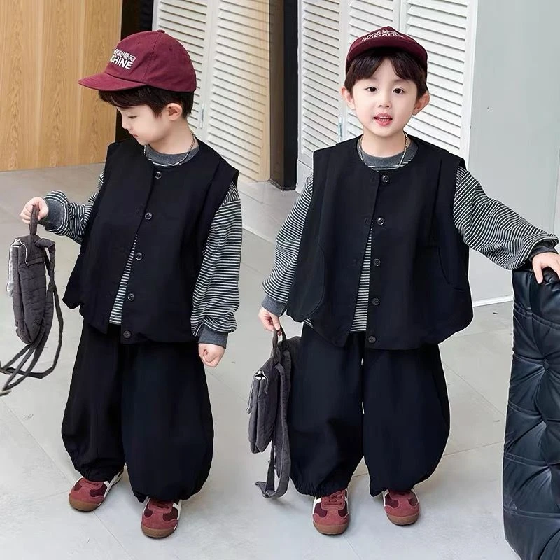 男童秋季套装2025新款洋气男宝韩版潮酷马甲卫裤三件套儿童衣服